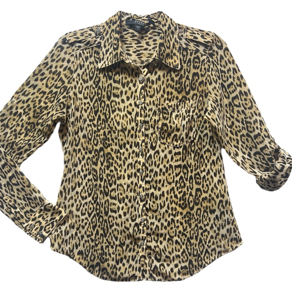 Guess Cheetah Print Y2K Collared Button-Up Chiffon Blouse - Size Small